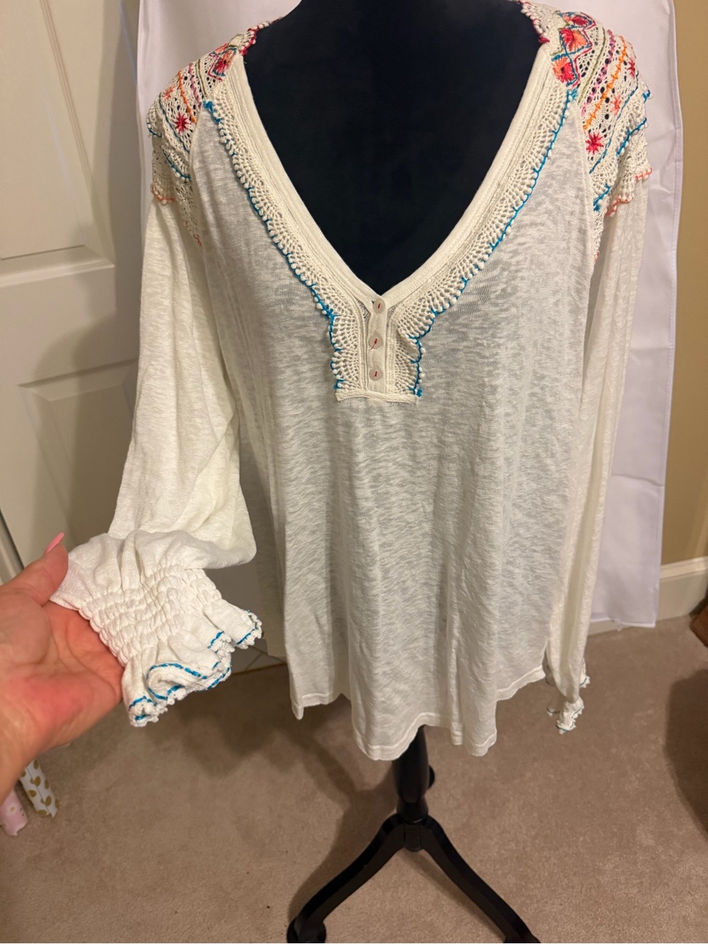 Free People Cream Embroidered V-Neck Tunic with Multicolor Accents